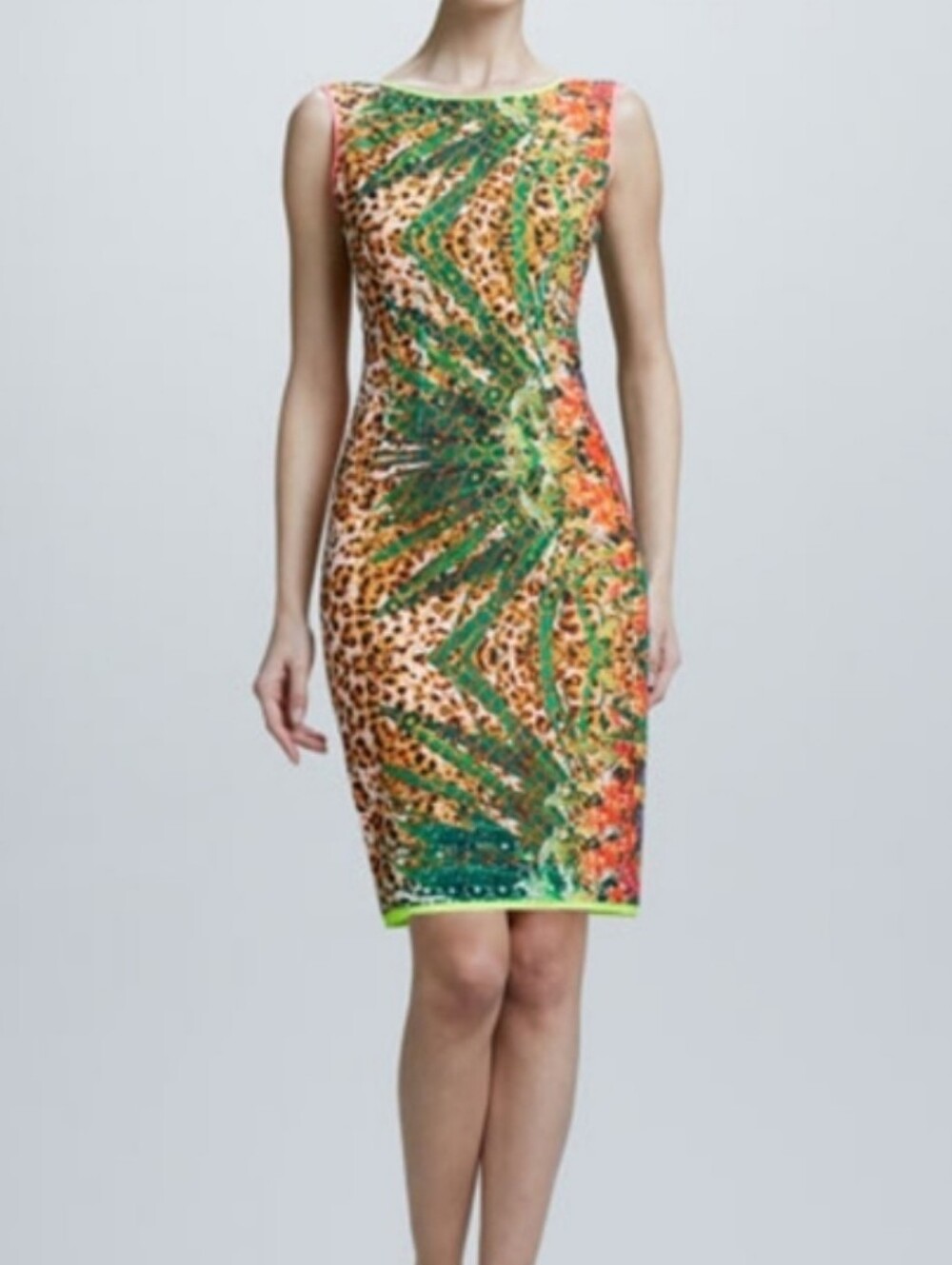 Elie Tahari Claudia Tropical Palm & Leopard Print Eyelet Overlay Sheath Dress 12